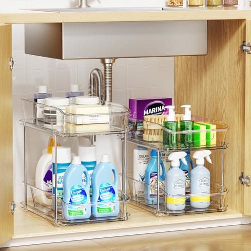 LAMU 2-Pack Clear Bathroom Storage, 2-Tier Pull-Out Sink Organizers with Drawers & Dividers