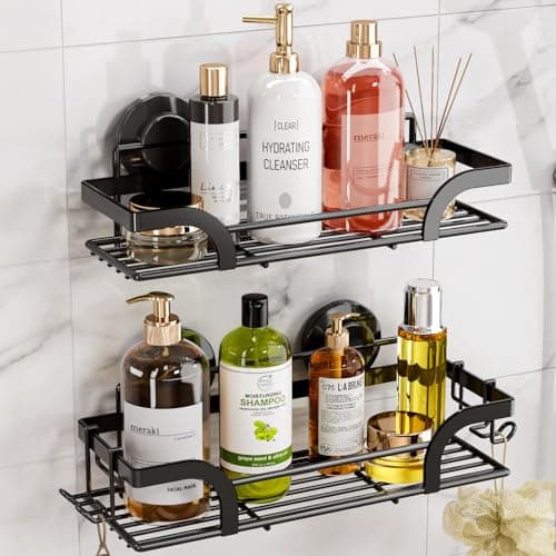 Leverloc No-Drilling Rustproof Black Bathroom Shower Caddy & Hooks, 2 Pack
