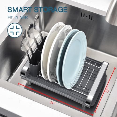 TOOLF Expandable Stainless Steel Dish Drying Rack, Anti-Rust with Cutlery Holder