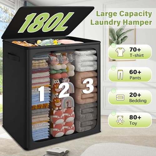 Raybee 180L Laundry Basket with Lid and 3 Sections