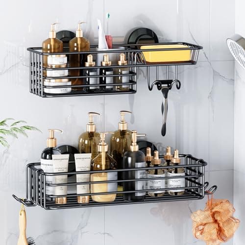 Leverloc No-Drilling Rustproof Black Bathroom Shower Caddy & Hooks, 2 Pack
