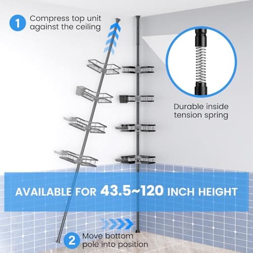 Corner Shower Tension Pole: 4-Tier Rustproof Bathroom Organizer - Bathtub Shampoo Rack (43.5-120 inch)