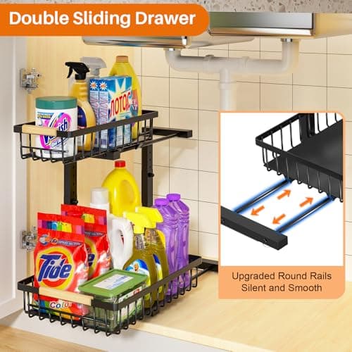 REALINN Height Adjustable Under Sink Organizer, 2 Tier Pull Out Cabinet Storage for Kitchen & Bathroom
