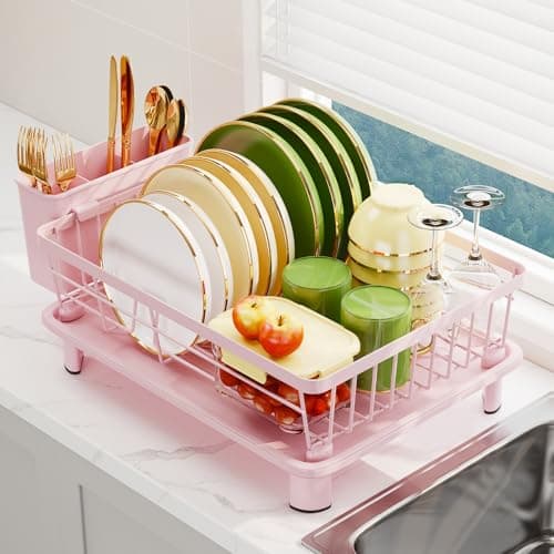 Stainless Steel Dish Drainer Rack with Drip Tray & Holders, Black