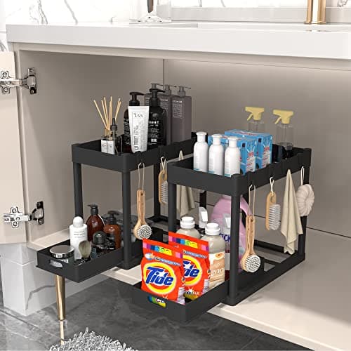 Black 2PC Under Sink Organizer Rack with Hooks for Bathroom Kitchen