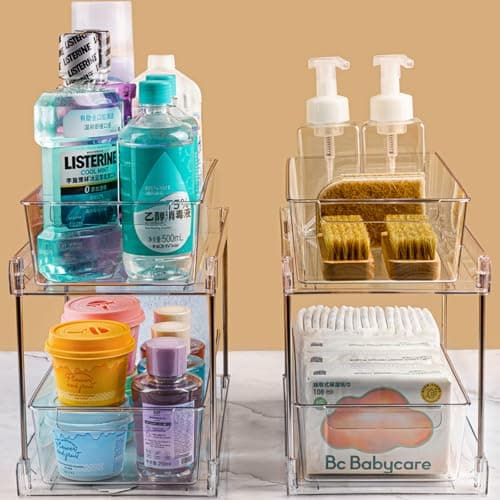 4-Pack Clear 2-Tier Sink Organizers for Bathroom, Kitchen, and Pantry