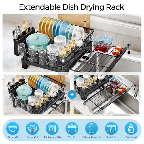 Extendable Kitchen Dish Drying Rack, Black, 2-in-1 Expandable Over Sink Strainer & Drainer