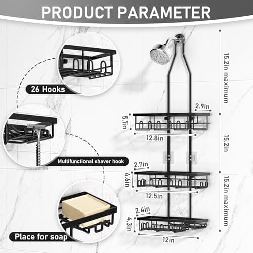 Rustproof Black Shower Caddy with Extendable Rack & Soap Holder