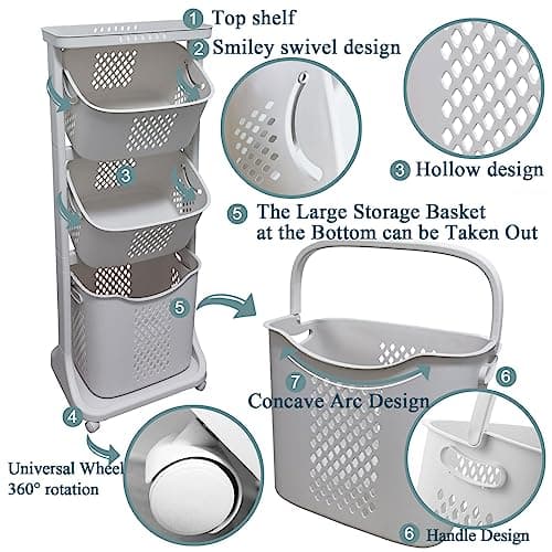 Multi-Functional Laundry Basket with Wheels and 3 Layers for Storage