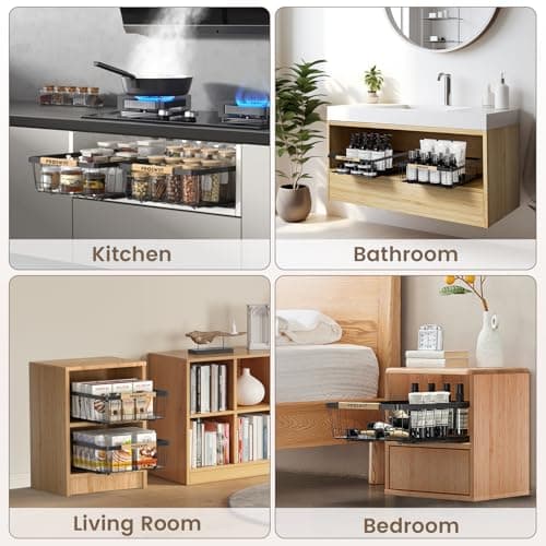 Slide Out Drawer Organizers 2 Pack for Kitchen Cabinets, Bathroom, Living Room Clutter Cleanup (15.7 x 11 x 3.7″)