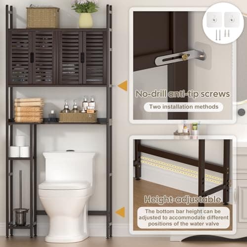 Bamboo Toilet Storage Cabinet with Paper Holder, 4-Door & Waterproof Feet (Brown)