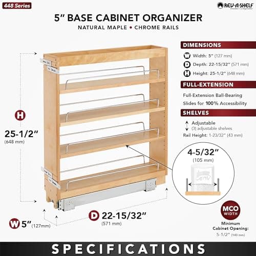 Rev-A-Shelf 5" Adjustable Kitchen Cabinet Organizer for 5.5" Opening, Spice Rack Included