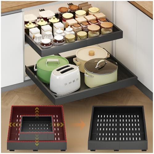 Expandable 2PC Cabinet Organizer, White, Adhesive Sliding Drawers, 14"-21" W, 17"-24" D