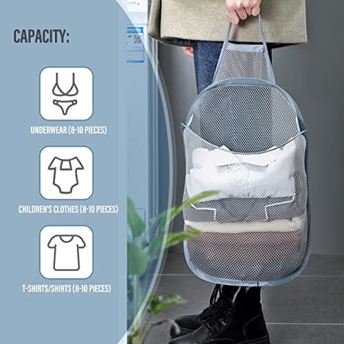 3-Piece Foldable Grey Mesh Laundry Hamper with Handle for Home & Hotel