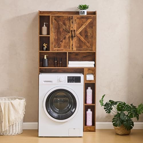 Brown Farmhouse Storage Cabinet Over Toilet with 2 Barn Doors