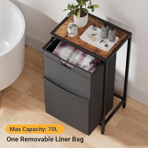 Rustic Brown & Black Laundry Hamper with Shelf & Pull-Out Bag