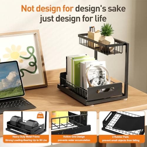 2 Pack Under Sink Metal Cabinet Organizer Shelf with Sliding Drawer, Kitchen & Bathroom Storage