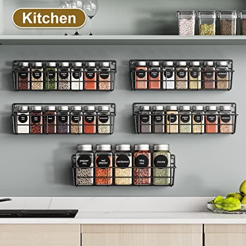 5-Pack Wall-Mounted Spice Rack Organizer for Kitchen, Black
