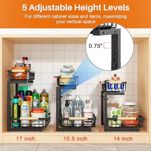 REALINN Height Adjustable Under Sink Organizer, 2 Tier Pull Out Cabinet Storage for Kitchen & Bathroom