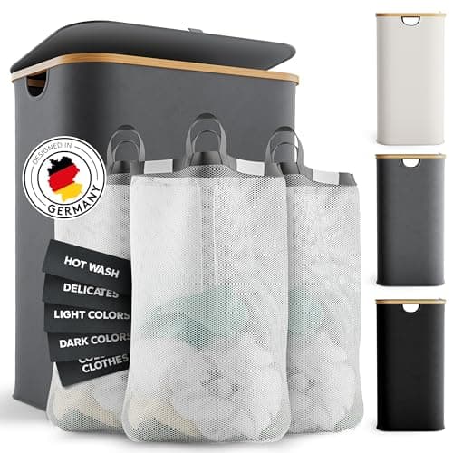 EDELFELD - Collapsible Laundry Hamper with Lid and 3 Sections [150L] - Removable Washing Bags - Large Freestanding Hampers for Laundry