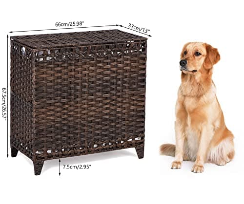 Laundry Basket with 3 Liner Bags; 132L Rattan Basket with Lid & Feet; Sorter with 3 Sections (Brown)