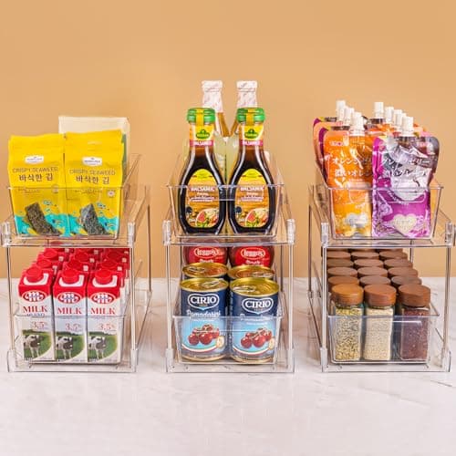 4Pack Clear Under Sink Bathroom Storage Organizers with Pull-Out Track for Pantry Cabinets
