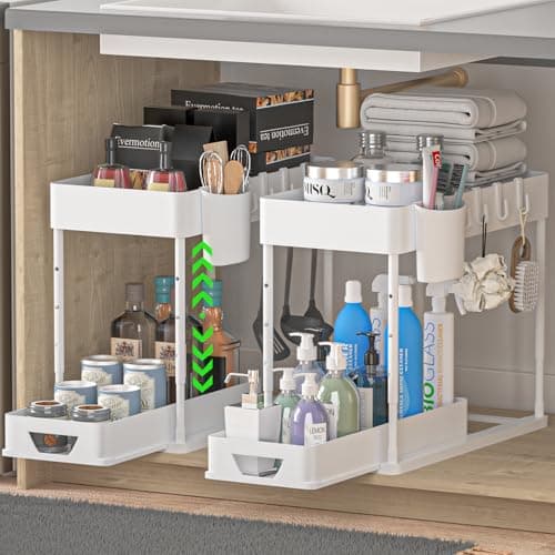 2 Pack HI NINGER Adjustable Height Under Sink Organizers with 8 Hooks & Hanging Cups