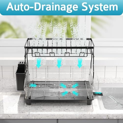 2-Tier Large Capacity Dish Drying Rack with Drainboard & Removable Utensil Holder, Black