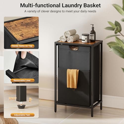 Rustic Brown & Black Laundry Hamper with Shelf & Pull-Out Bag