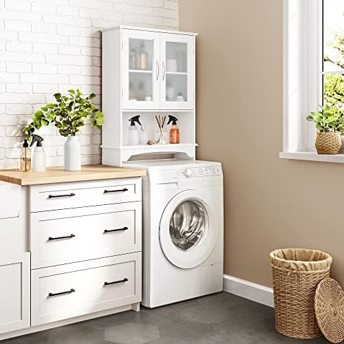 Yaheetech Tall Freestanding Toilet Storage Cabinet with Double Tempered Glass Doors