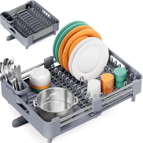 Extendable Gray Dish Drying Rack with Drainboard & Cutlery Holder