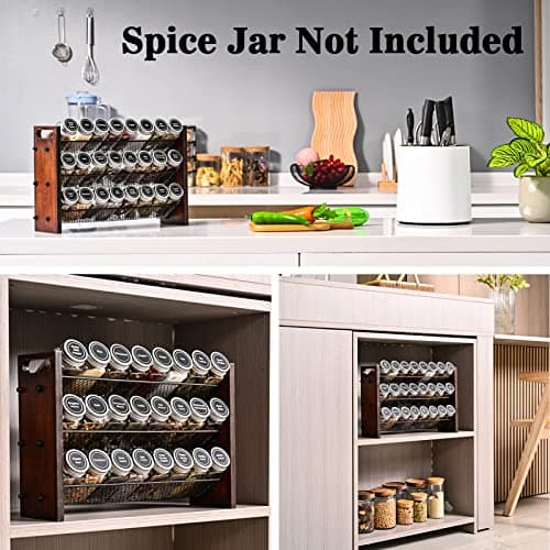 Rustic 3 Tier Wooden Spice Rack, Cabinet Countertop Wall Mount