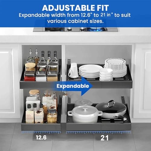 21" Deep Expandable Cabinet Organizer with Magnetic Dividers & Cleaning Brush - Black Slide-Out Drawer