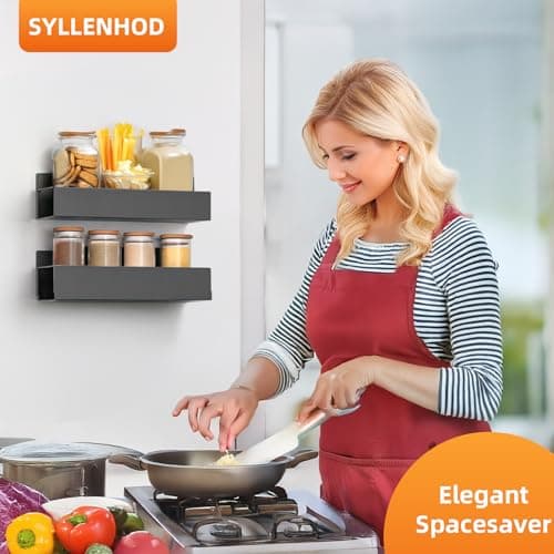 Wall-Mounted Spice Rack Set: 2 Black Adhesive Organizers for Smooth Surfaces, No Drilling Needed