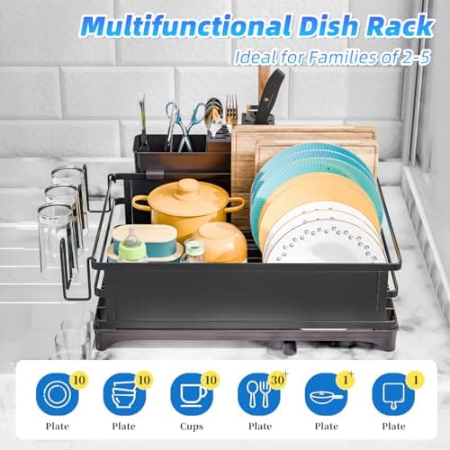 Trending Steel Dish Drying Rack, Large Capacity with Cutlery Holder, Black