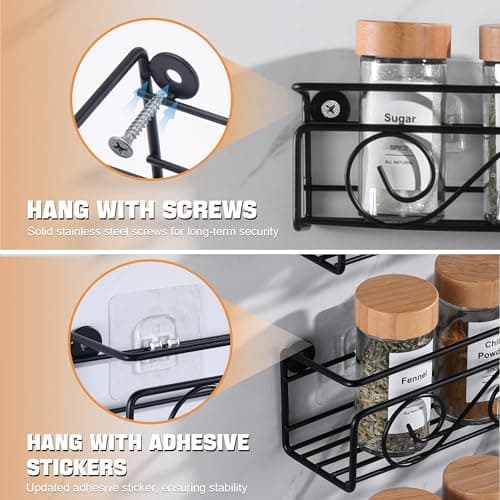 Screw or Adhesive Hanging Spice Rack 6 Pack, 2.5"x2.7"x12", Kitchen Organizer