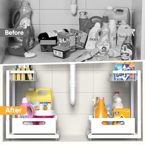 Under Sink Storage Racks 2-Tier Height Adjustable White | Kitchen & Bathroom Organizers