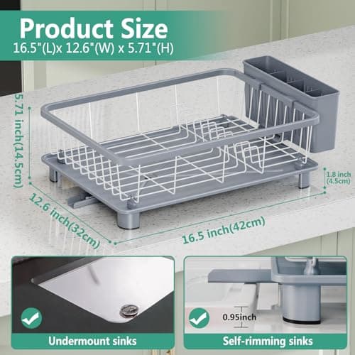 Space-Saving Dish Drying Rack with Drainboard and Removable Utensil Holder - Gray