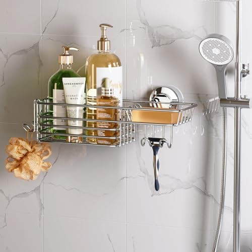 Leverloc No-Drilling Rustproof Black Bathroom Shower Caddy & Hooks, 2 Pack