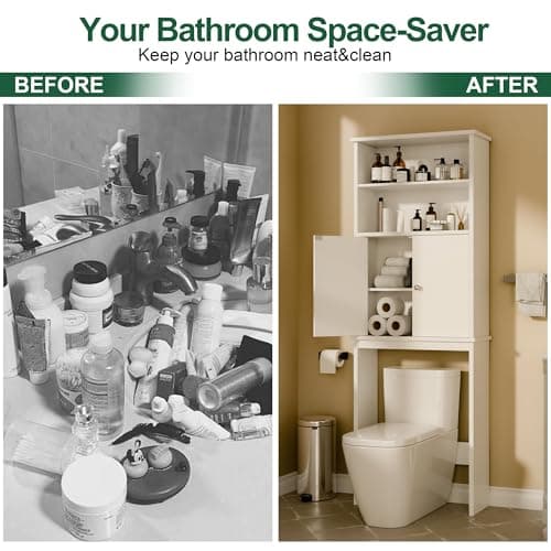 Walsunny Toilet Storage Cabinet, White - Open Shelves, Double Doors, Space-Saving Organizer