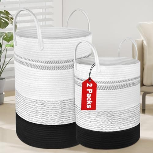 2-Pack Large Tall Rope Laundry Baskets, 58L & 28L Black, Living Room & Bedroom Storage