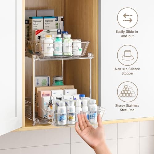4-Pack Bathroom Sink Organizers & 2-Tier Clear Medicine Cabinet + Pull-Out Kitchen Pantry Storage