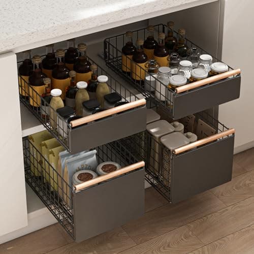 Cabinet Organizer with Slide Out Drawers and Wooden Handle for Kitchen, Pantry, Bedroom, Office