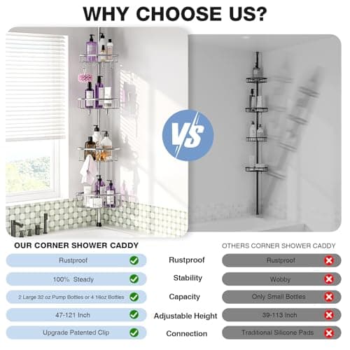 Stainless Steel 4-Tier Corner Shower Caddy - 47-121 Inch Adjustable Bath Rack - Silver