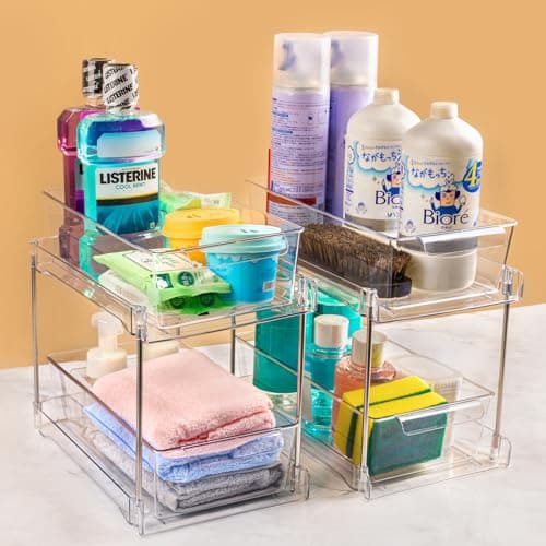 4Pack Clear Under Sink Bathroom Storage Organizers with Pull-Out Track for Pantry Cabinets