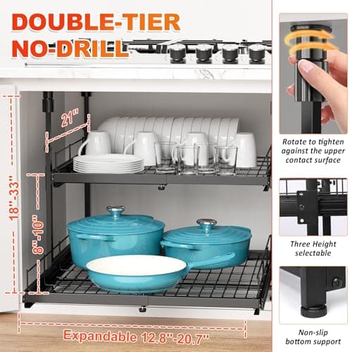 21" Deep No-Drill Kitchen Cabinet Organizer for Pots and Pans, Black Expandable Shelves