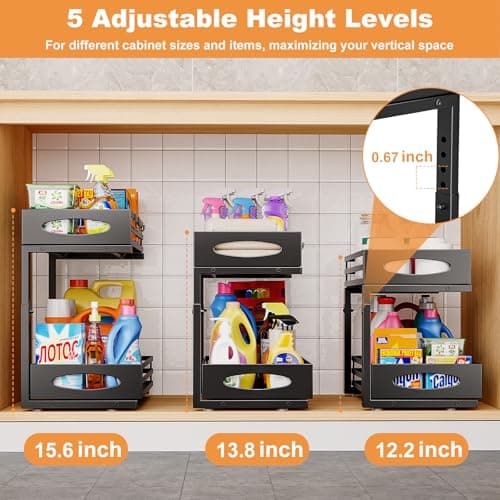 Sink Cabinet Organizers 2 Pack, Pull Out Steel Shelves for Kitchen Bathroom Storage (Black)