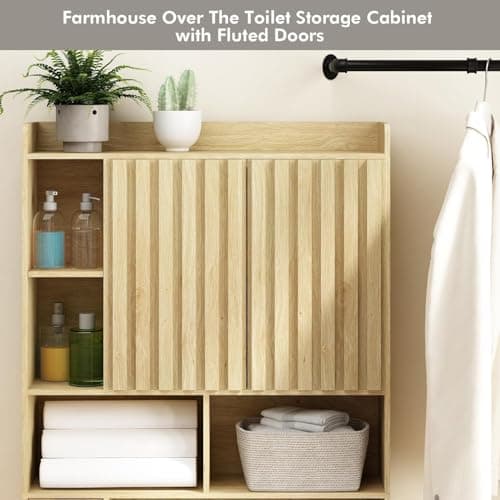 RUSTOWN Large Over-Toilet Storage Cabinet, Fluted Doors, Adjustable Shelf & Paper Holder, Natural Wood