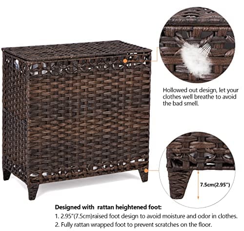 Laundry Basket with 3 Liner Bags; 132L Rattan Basket with Lid & Feet; Sorter with 3 Sections (Brown)