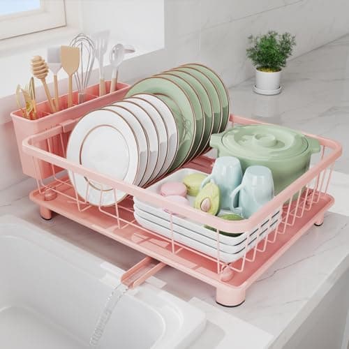 Space-Saving Dish Drying Rack with Drainboard and Removable Utensil Holder - Gray
